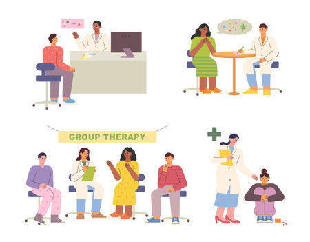 Drug Addicts Treatment Center. People are consulting a doctor and having a group meeting.のイラスト素材