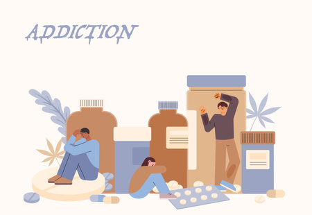 There's a big box of drugs and people are squatting on the floor.のイラスト素材