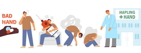 The process of a man who came into contact with drugs out of curiosity and collapsed.のイラスト素材