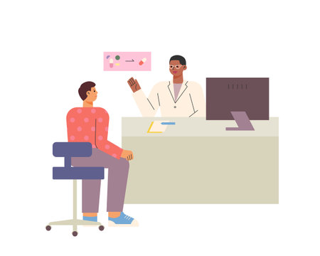 A drug abuse addict and a doctor are consulting. flat vector illustration.のイラスト素材