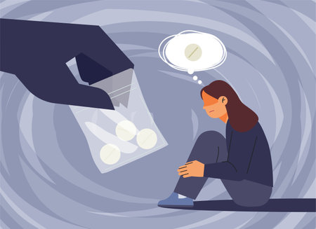 A woman is sitting depressed and thinking about drugs. She is suggesting her drugs to her bad temptation hand.のイラスト素材