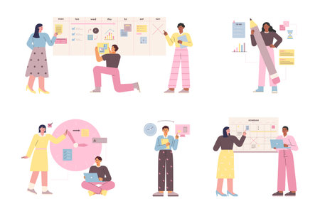 People who plan the project. People are writing schedules on big clocks and calendars. flat vector illustration.のイラスト素材