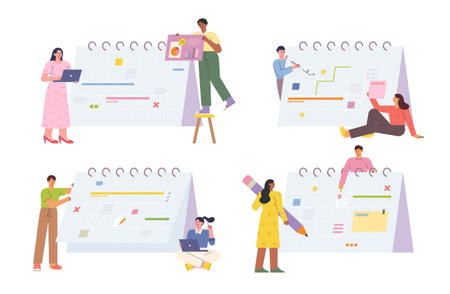 People are marking their schedules on a huge calendar. flat vector illustration.のイラスト素材