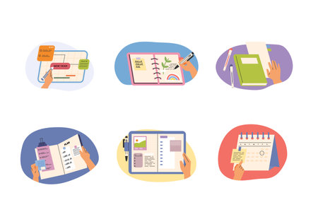 Hand making New Year's plans and writing notes in calendar and diary. flat vector illustration.のイラスト素材