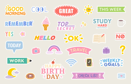 Cute diary sticker design set. flat vector illustration.のイラスト素材