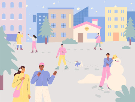 Snowy urban background. People are walking down the street, making snowmen and walking dogs. flat vector illustration.のイラスト素材
