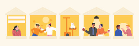 Neighbors seen through apartment windows. flat vector illustration.のイラスト素材