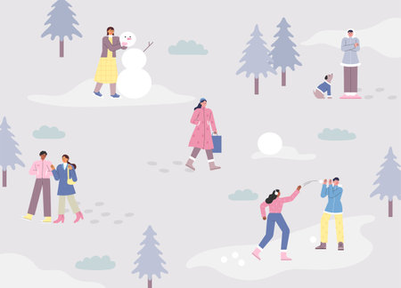 Park background with a lot of snow. People are taking a walk and playing in the snow with their friends. flat vector illustration.のイラスト素材