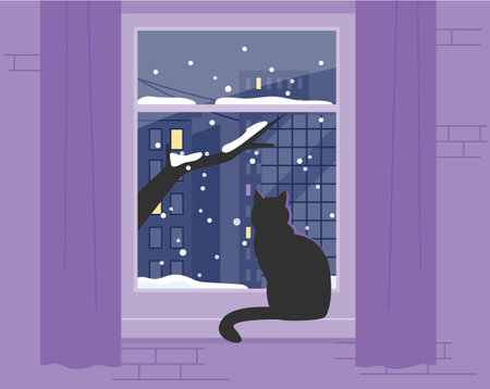 A black cat is sitting by the window and looking at the snowy landscape outside. flat vector illustration.のイラスト素材