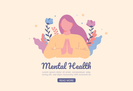 Mental Health Web Page. A woman is praying with her hands together. Behind her are decorated flowers and plants.のイラスト素材