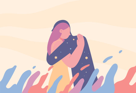 Mental health metaphorical and abstract illustration. A woman is comforted by an abstract human form and hugging.のイラスト素材