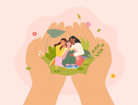Three friends are sitting on big hands. Two women hugging and comforting a woman.のイラスト素材