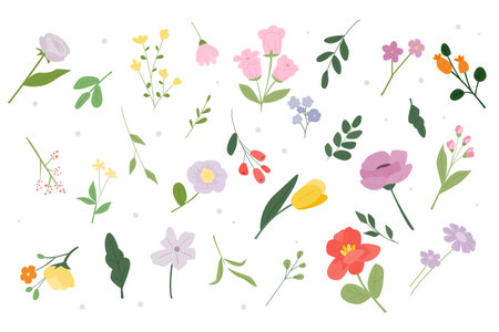 A collection of different types of flower and plant design sources. flat vector illustration.のイラスト素材