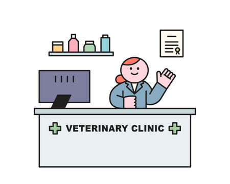 Information desk at the veterinary hospital. Cute doctor character is waving hand. flat vector illustration.のイラスト素材