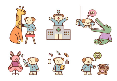 Various animals are being treated in a hospital with a dog veterinarian. flat vector illustration.のイラスト素材