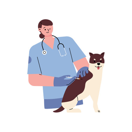 A veterinarian is giving an injection to a sick dog. flat vector illustration.のイラスト素材