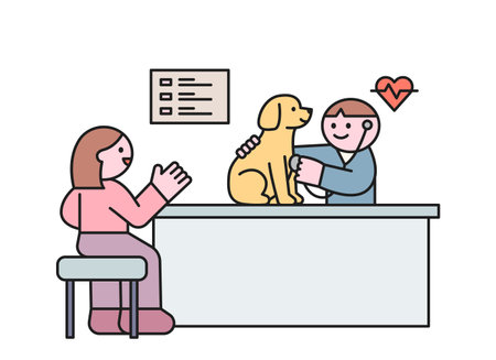 A veterinarian is examining a dog with a stethoscope. The owner of the dog is talking. flat vector illustration.のイラスト素材