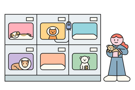 A hospital room for sick animals. Animals are staying in each cage and a nurse is holding a small puppy. flat vector illustration.のイラスト素材