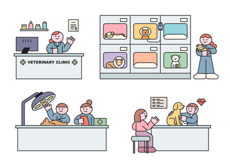 Animal hospital work. Sick dogs are receiving various treatments. flat vector illustration.のイラスト素材