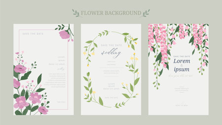 Card template design decorated with flowers. Decorations blooming from the edges, round branch frames, and flowers hanging down like vines. flat vector illustration.のイラスト素材
