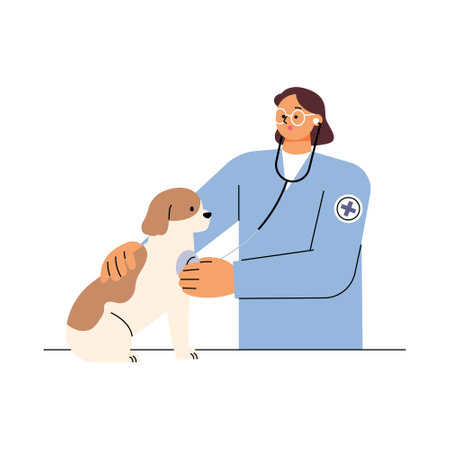 A female veterinarian is examining a dog patient with a stethoscope. flat vector illustration.のイラスト素材