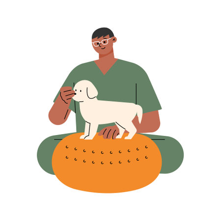 A veterinarian treats a dog on a physiotherapy instrument. flat vector illustration.のイラスト素材