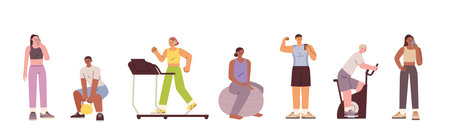 Collection of people working out with different exercise equipment in the gym.のイラスト素材