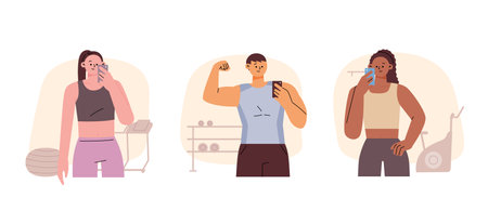 People are exercising and taking selfies in the fitness center. flat vector illustration.のイラスト素材