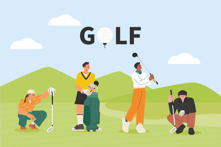 People in golf uniforms standing or sitting on the golf field. flat vector illustration.のイラスト素材