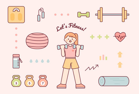 Cute female character holding dumbbells and exercise equipment set. flat vector illustration.のイラスト素材