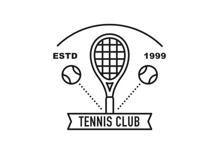 Tennis club logo. There is a tennis racket in the center and the ball is bouncing around it.のイラスト素材