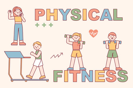 fitness center. Cute character people are exercising with exercise equipment.のイラスト素材