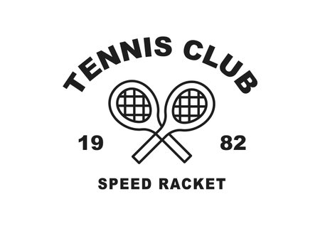 Tennis club logo. Two tennis racquets are crossed and written around them. Black and white simple line illustration.のイラスト素材