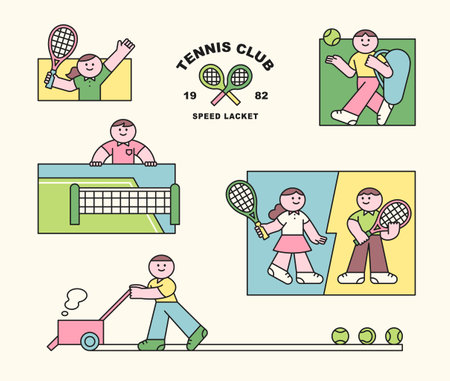 A person drawing a line on a tennis court, a person carrying a bag to play tennis, a person holding a tennis racket.のイラスト素材