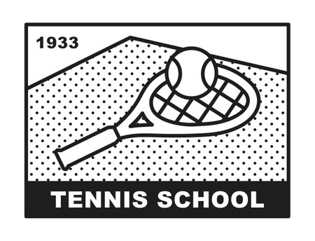 Tennis club logo. A racket and a ball are placed on the tennis court.のイラスト素材