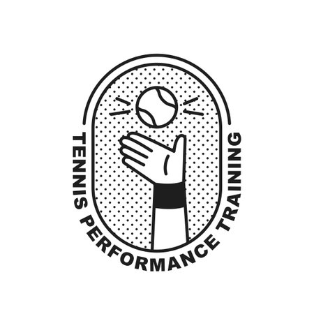 Tennis club logo. A hand and a ball playing a tennis serve are drawn. Black and white simple line illustration.のイラスト素材