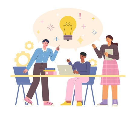 People are sitting at the table, actively discussing opinions and brainstorming. flat vector illustration.のイラスト素材