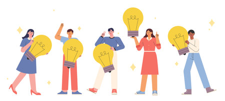 People gather happily with large light bulbs in their hands. flat vector illustration.のイラスト素材