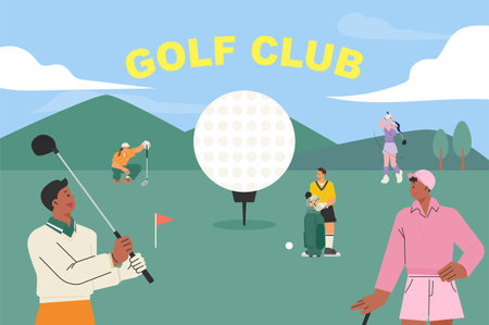 Many people are playing golf on the field with a large golf ball. flat vector illustration.のイラスト素材