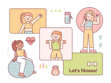 girls exercising. Design made up of frames and icons. flat vector illustration.のイラスト素材