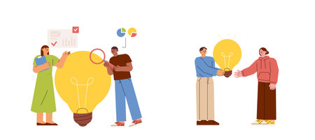 People are analyzing a giant light bulb or passing it on to someone else. flat vector illustration.のイラスト素材