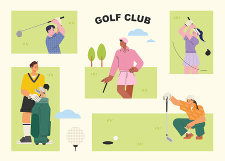 People who enjoy golf. Small square frame composition. flat vector illustration.のイラスト素材