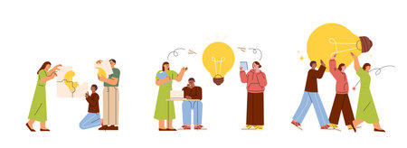 People are working together to put together a puzzle or gather ideas and move a giant light bulb cooperatively.のイラスト素材