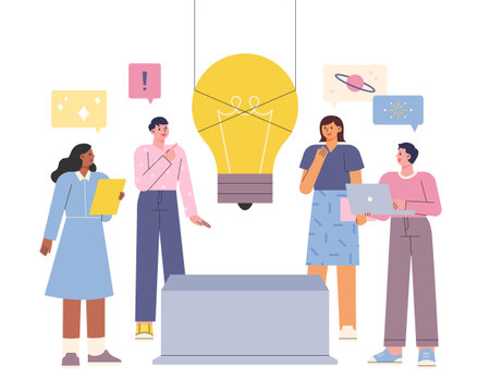 A huge light bulb is installed on the pedestal. People are thinking of various ideas around them.のイラスト素材