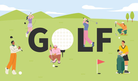 Many people are playing golf on the golf field. flat vector illustration.のイラスト素材