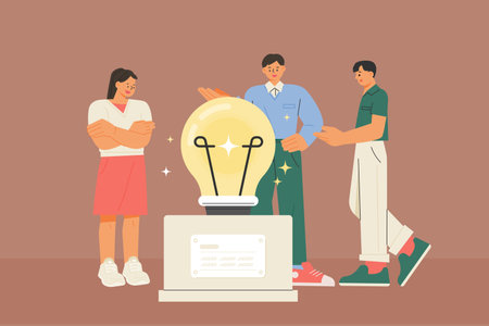 People are having a conversation with a light bulb trophy in the center representing a successful idea.のイラスト素材