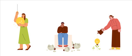 A person holding a large light bulb, a person looking desperately at a broken light bulb, and a person watering and raising a small light bulb.のイラスト素材