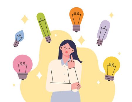 A woman is contemplating and various light bulbs are floating around her head. flat vector illustration.のイラスト素材