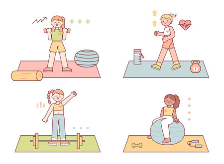 Cute little girls are exercising with various exercise equipment. flat vector illustration.のイラスト素材