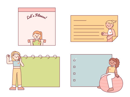 Girls characters exercising with notes for exercise record. flat vector illustration.のイラスト素材